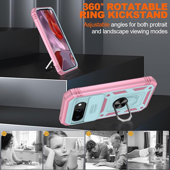 Gritup for Pixel 9A Case Military-Grade Shockproof with Kickstand | with 2 PCS Screen Protector, Slide Camera Cover, Heavy Duty Outdoor Protection Funda para Google 9 A Phone Cover, Green+Pink - Image 7
