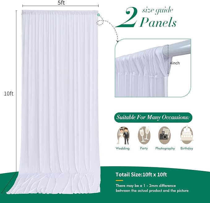10 ft x 10 ft Wrinkle Free White Backdrop Curtains for Wedding Parties, Polyester Photography Backdrop Drapes for Birthday Parties Stage Backdrop Stand, 2 Panels 5x10FT Background Curtains - Image 6