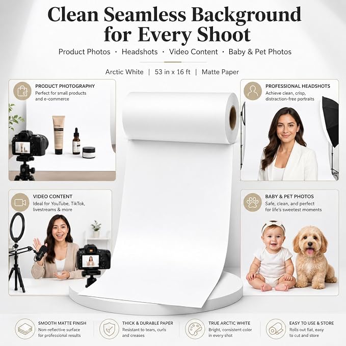Yizhily Arctic White Paper Backdrop for Photoshoot, 53 in x 32.8 ft | Headshots; tabletop product photography; food shoots; e-commerce images; small studio setups - Image 2