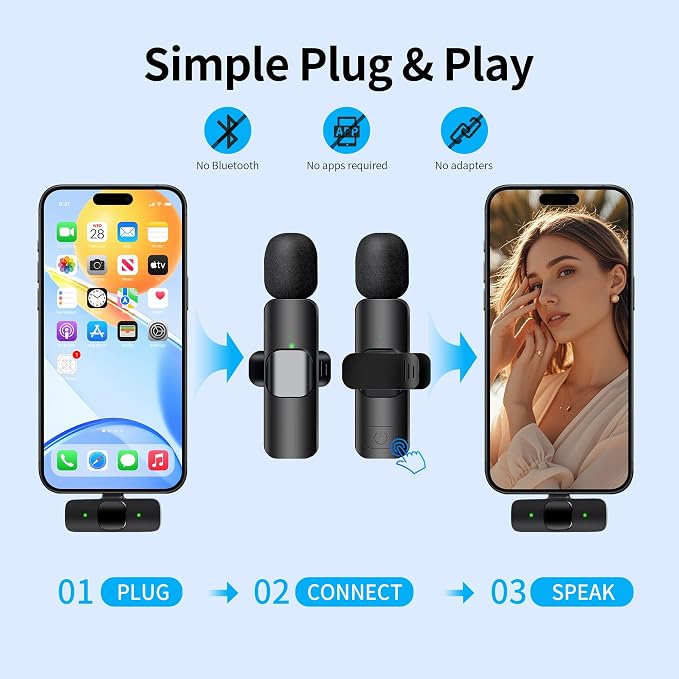 Wireless Microphone for iPhone iPad and Android Phone, 2 Pack Wireless Lavalier Lapel Mic with Noise Reduction, Plug and Play Mini Microphone for Video Recording Interview Podcast YouTube TikTok Vlog - Image 8