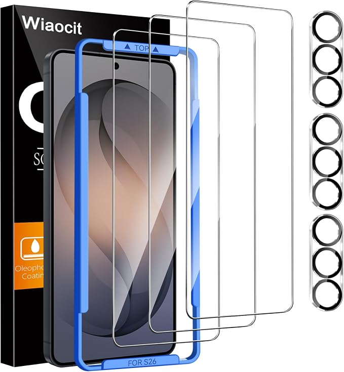 Wiaocit Tempered Glass Screen Protector for Samsung Galaxy S26 | 3+3 Pack, 9H Hardness, Camera Lens Protector, Installation Frame, Bubble Free, Case Friendly by Wiaocit