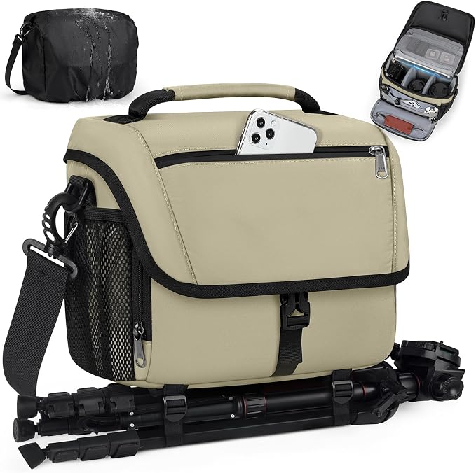 RAINSMORE Camera Bag, DSLR SLR Mirrorless Camera Case for Photographer | Waterproof Camera Sling Bag with Rain Cover & Tripod Holder Soft Padded Crossbody Camera Bag for Sony Canon Nikon Fujifilm by RAINSMORE