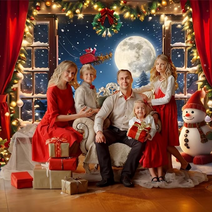 10x8ft Vinyl XMJJKUF Christmas Backdrop Winter Full Moon Snow Pine Trees Forest Santa Claus Background Snowman Xmas Tree Party Decors Photo Booth Props - Image 5