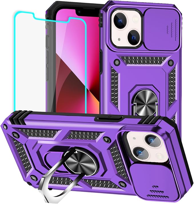 HNHYGETE for iPhone 13 Case with HD Screen Protector: [Military Grade 20ft. Drop Tested] Slide Camera Cover Ring Shockproof Protective Phone Case for - iPhone 13 (Purple) by HNHYGETE