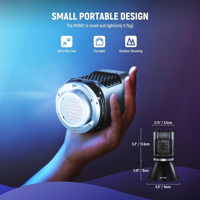 NEEWER MS60C RGBWW LED Video Light with 2.4G/App Control, 65W Metal Mini | RGB COB Continuous Output Lighting, Bowens Mount Handheld Spotlight, 2700K-6500K 8300lux CRI 97+/TLCI 98+ 17 Effects + RGBCW - Image 3