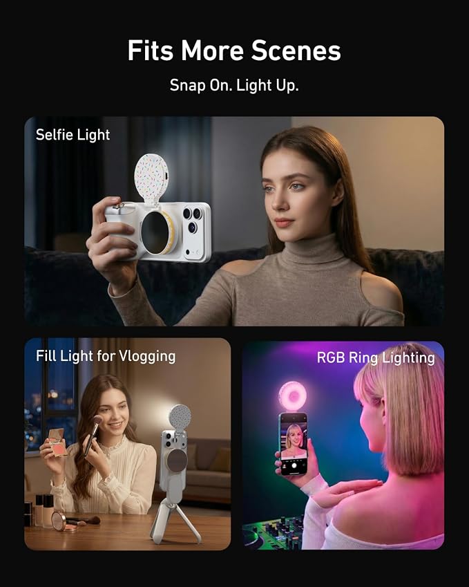 TELESIN Magnetic Selfie Light for iPhone Magsafe and Android | 360° Rotating Full Color RGB Phone Light with Mirror & Stand, LED Selfie Ring Fill Light for Pictures, TikTok, Vlog, Makeup - Image 6