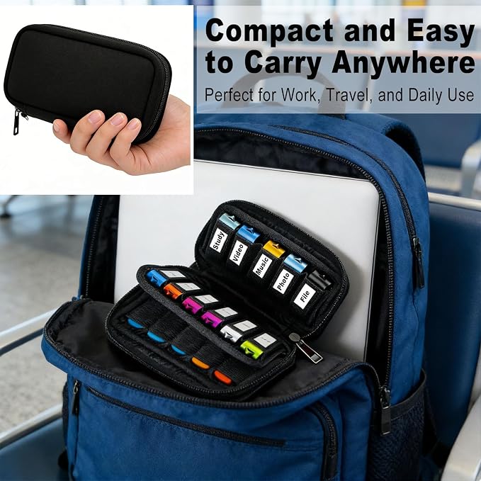 USB Flash Drive Organizer Case 20 Slots Memory Stick Storage Pouch with Zipper Portable Shockproof Neoprene USB Holder for Thumb Drive/Jump Drive/Pen Drive Storage (Black) - Image 6