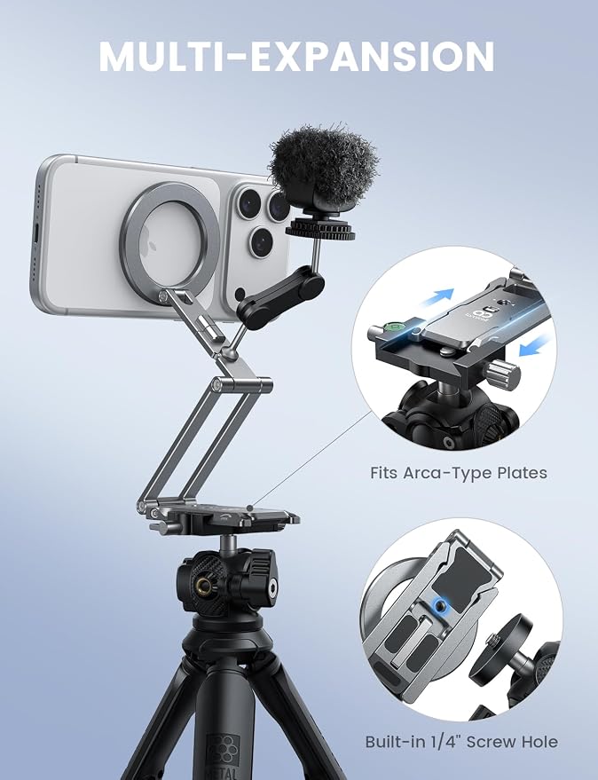 Lamicall for MagSafe Tripod Stand Dual-Side Magnet Camera Accessories Kits | 360° Upgraded Aluminum Magnetic Phone Tripod for iPhone 17/16/15 Pro Max Women Men Accessory Kits fit Vlog Silver - Image 5