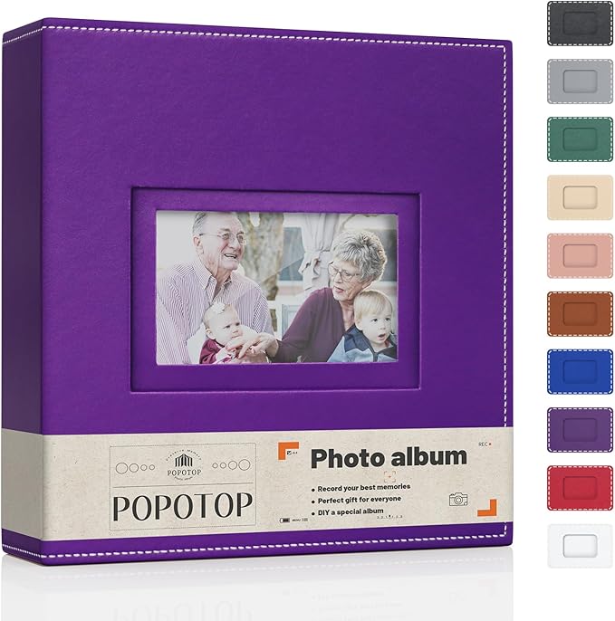 Popotop 4x6 Photo Album Holds 300 Pictures, Vegan Leather Hardcover | 300-Photos Capacity, Acid-Free PP Slip-In Pockets, Mixed-Orientation Layout, Front Photo Window, Gifts for Wedding Baby by Popotop