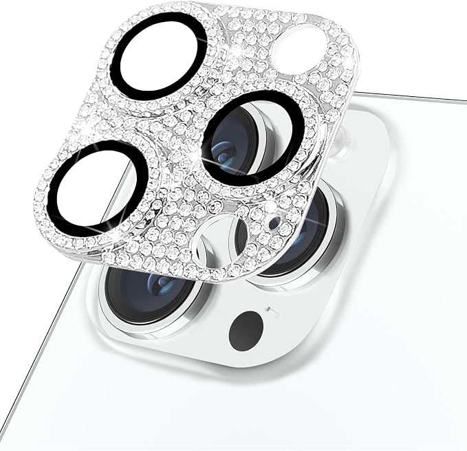 Designed for iPhone 14 Pro and 14 Pro Max Camera Lens Protector, Bling Rhinestone Sparkle Diamond 9H Tempered Glass Lens Cover Shockproof Full Protective Camera Cover, Silver by Hsefo