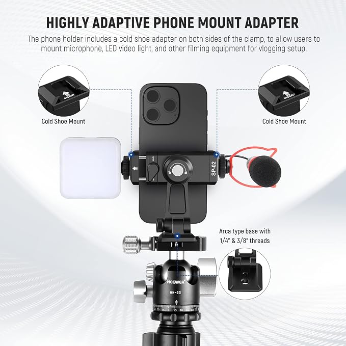 NEEWER Metal Phone Tripod Mount Adapter with Arca QR Base, Cold Shoe, 360° Swivel 180° Tilt, Phone Holder Compatible with iPhone 17 Pro Max 16 15 Samsung Galaxy S25 Ultra S24 - Image 2