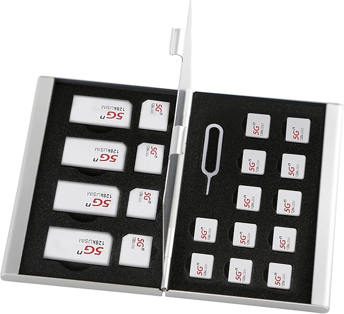 Aluminum SIM Card Case, 21Slots Ultrathin SIM Card Holder, Fit for 4 SIM Card, 4 Micro sim Card, 12 Nano sim Card and 1 Cell Phone Eject Pin Slots, Silver by MEGAMEGACUBE