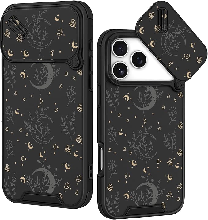 for iPhone 17 Pro Max Case - Women Cute Phone Cover Girly Pretty Unique Aesthetic Design Slide Camera Cover Protective Case for Apple for iPhone 17 Pro Max, Black Moon Stars by Goocrux