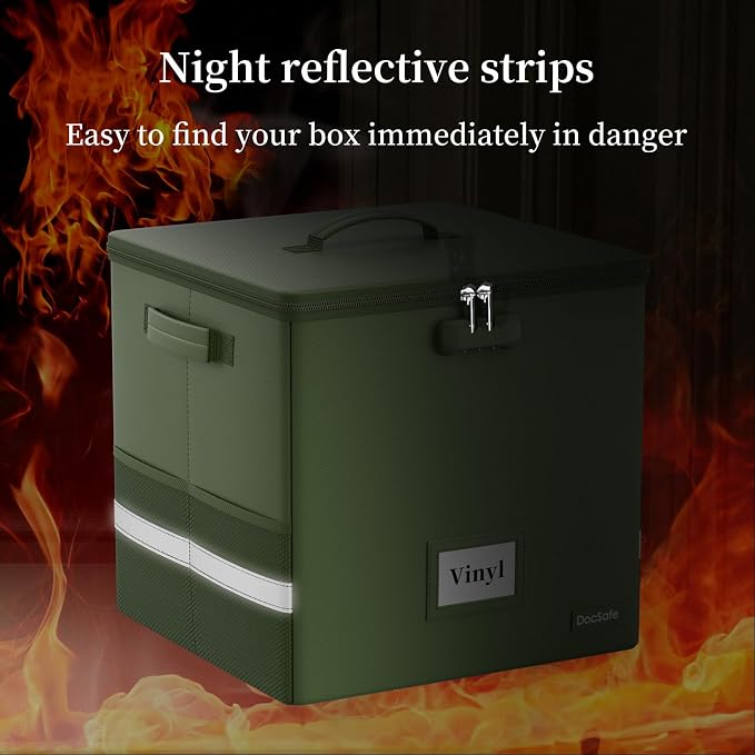 DocSafe Vinyl Record Storage Box with Lock, Fireproof＆Water Resistant Record Organizer for 100+ Single Records(12-inch), Collapsible Storage Crate with Lid&Handles for Valuable Album Collection,Green - Image 9
