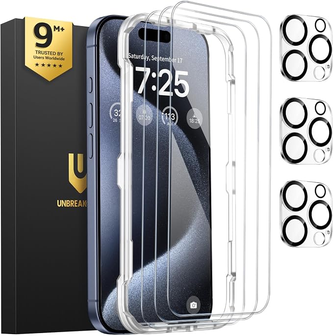 UNBREAKcable iPhone 15 Pro Screen Protector & Camera Lens Protector | Upgraded Dual-Tempered Glass with Military-Grade 9H Hardness, 3-Pack,HD Clarity, Anti-Fingerprint, Case Friendly, Fits 6.1'' by UNBREAKcable