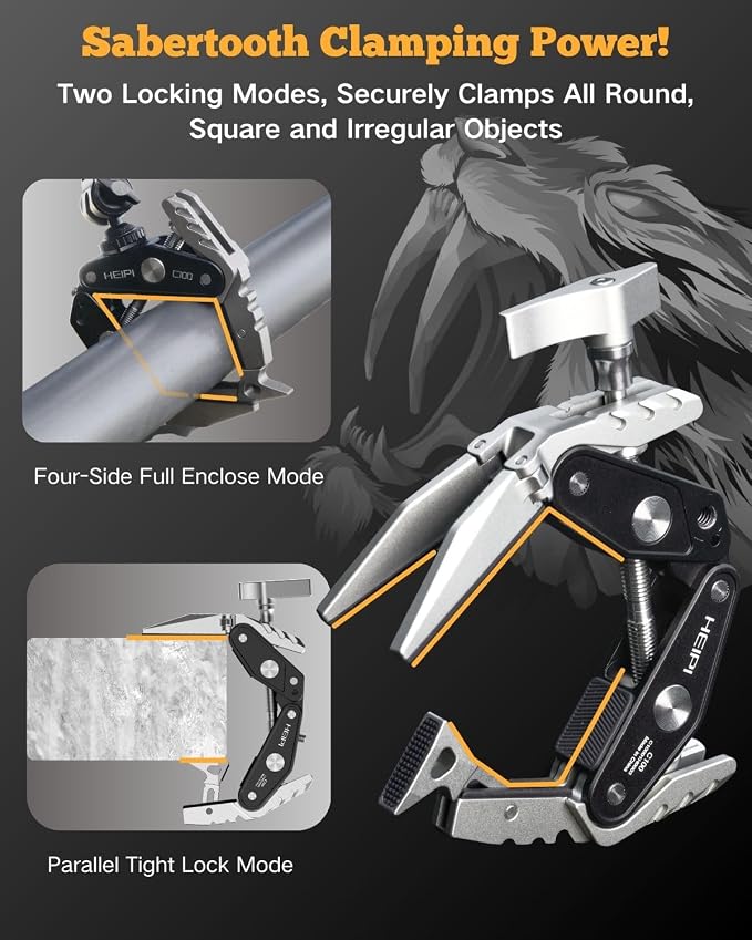 HEIPI C100 Super Clamp & Mini Ball Head & Panning Base, Max Clamping 3.93" | Clamp & stand design. Max clamping 3.93"/10cm. Dual screw mounts: 1/4"-20,3/8"-16. Compatible with phone, action camera, DSLR - Image 4