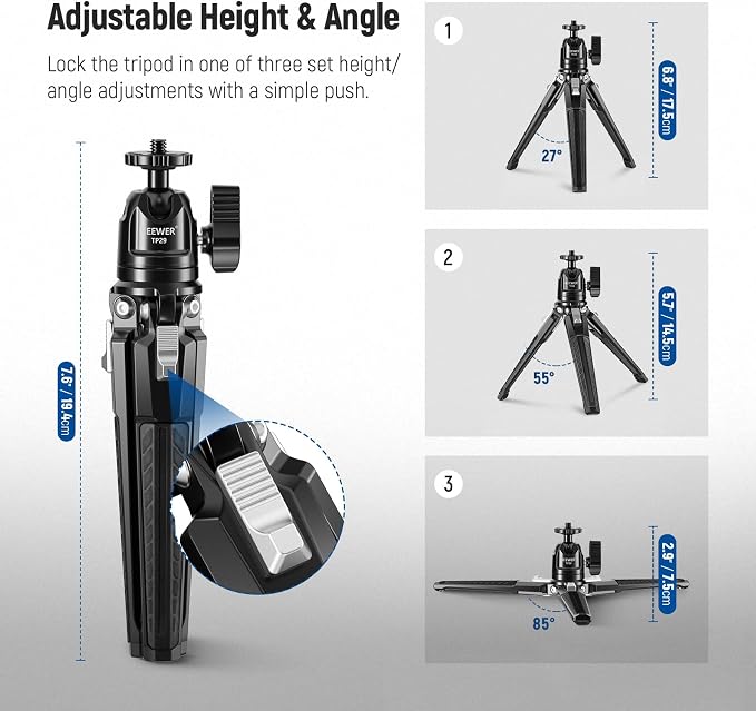 NEEWER Mini Metal Table Tripod with 360° Ball Head, TP29 | Support Vertical Recording and Handle, Portable Travel Tripod. 1/4" Screw for Camera Mobile Phone Action Cam, Max. Load 3 kg - Image 5