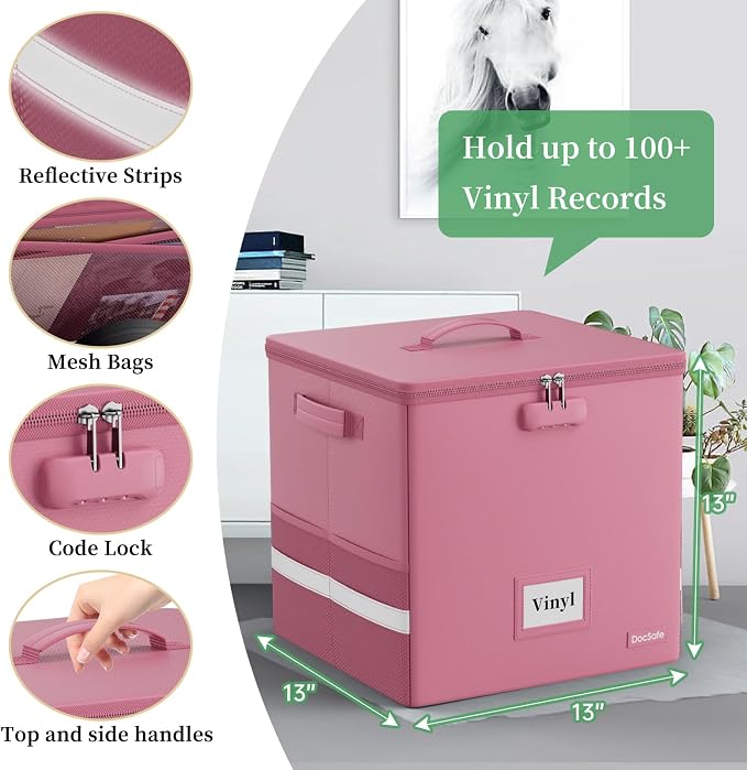 DocSafe Vinyl Record Storage Box with Lock, Fireproof＆Water Resistant Record Organizer for 100+ Single Records(12-inch), Collapsible Storage Crate with Lid&Handles for Valuable Album Collection,Pink - Image 4