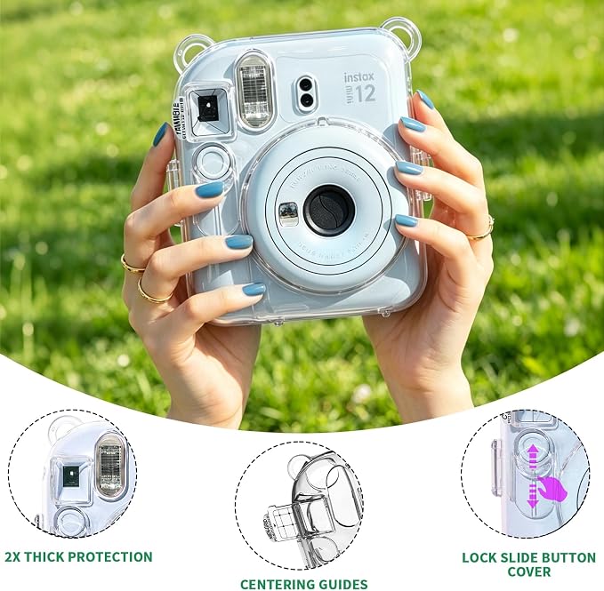 Clear Camera Case for Fujifilm Instax Mini 12, Blue Camera Strap | Protective Cover with Anti-Accidental Shutter, 4 Composition Cards, Photo Storage Holds 10 Films, Clear Hard Shell, No Camera - Image 4