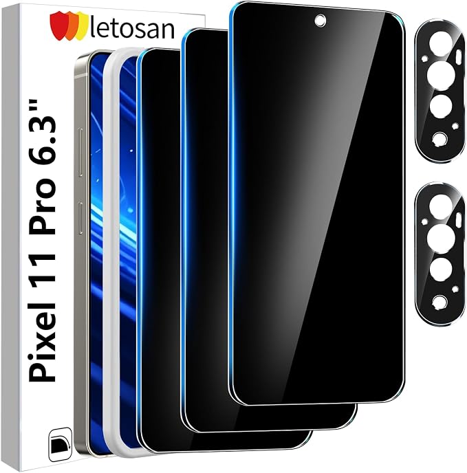 3 Pack Privacy Screen Protector for Google Pixel 11 Pro Tempered Glass + 2 Pack Camera Lens Protector, True 25°Anti Spy, 9H Hardness, Fingerprint Unlock, Case Friendly Bubble-Free 6.3 Inch by letosan