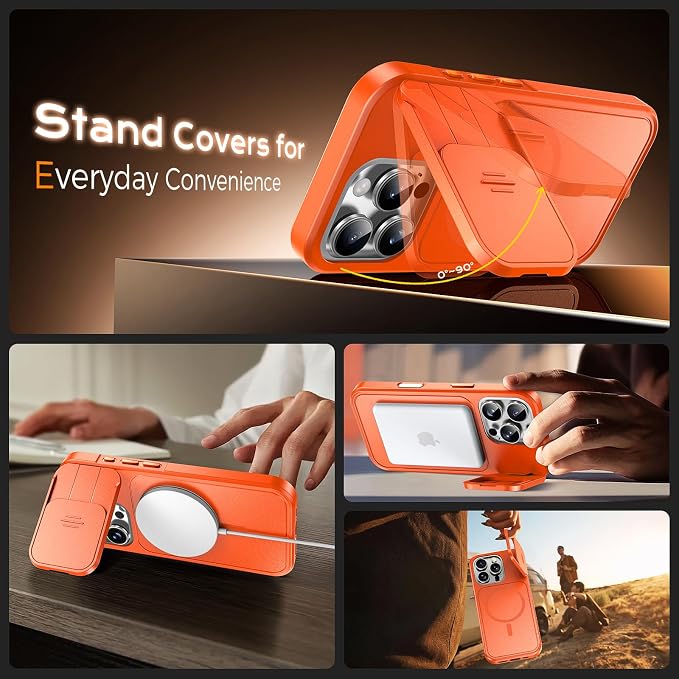 TOCOL for iPhone 16 Pro Max Case with Slide Camera Cover, Kickstand and Camera Control Button, Fit for MagSafe, Rugged Solid Phone Case, Non-Slip, Drop Protection, Orange - Image 4