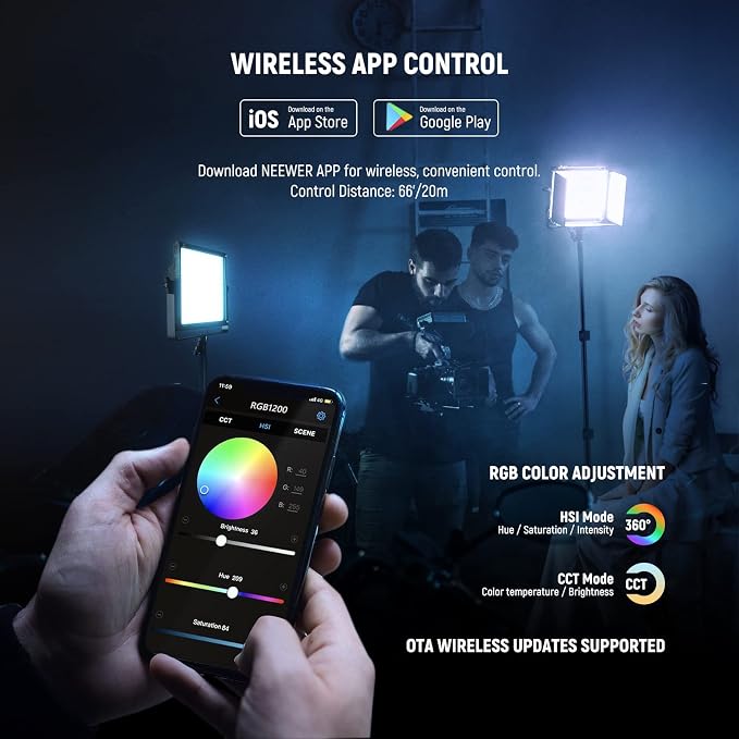 NEEWER 2 Pack RGB1200 LED Video Light with APP/2.4G Control, Key Lighting Kit with Tripod Stands & Bag for Streaming Recording Studio Photography, 60W/22000Lux/1% Min Dimming/360° RGB/CRI97+/TLCI98+ - Image 5