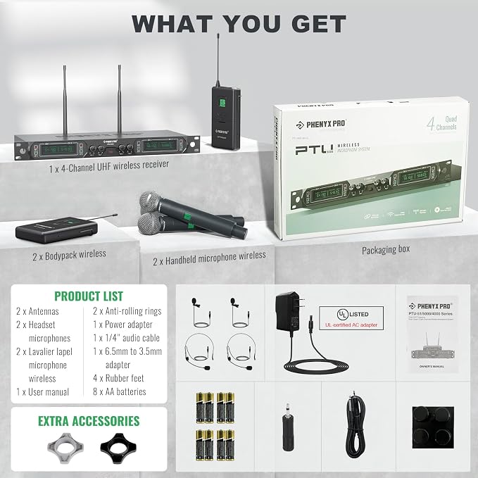 Phenyx Pro 4-Ch UHF Fixed Frequency Wireless Microphone PTU-5000-2H2B | 2 Handheld Mics, 2 Bodypacks, Headset/Lapel Mics, Metal Build, 260 ft Range, Church Services, DJ Sets - Image 8
