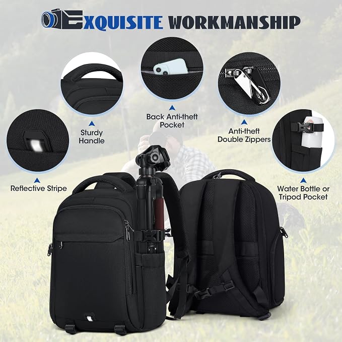 RAINSMORE Camera Backpack Camera Bag for Photographer DSLR SLR Mirrorless Camera Cases with Waterproof Rain Cover & Laptop Compartment Fit 15.6 Inch Laptop,Anti Theft Travel photography backpack,Black - Image 8