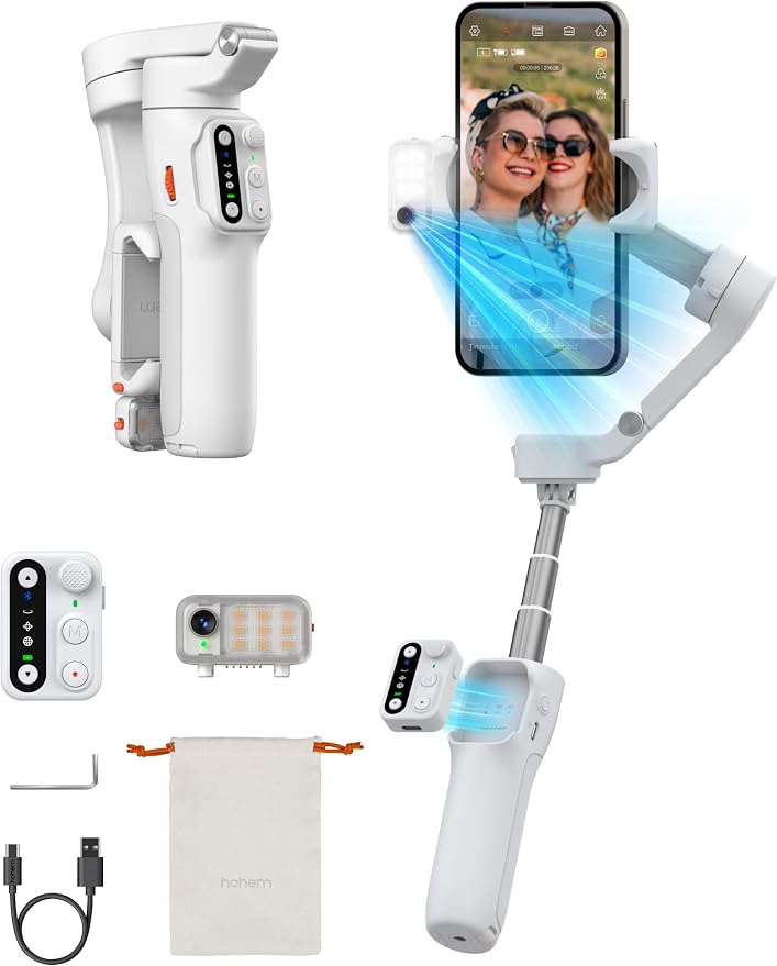 Hohem iSteady V3 Phone Gimbal Stabilizer, Magnetic AI Tracking Sensor with Fill Light, Detachable Remote Control, Built-in Extension Rod and Tripod, Foldable 3-axis Stabilization Gimbal, White by Hohem