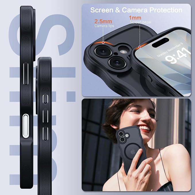 BENTOBEN Magnetic for iPhone 17 Case, Cute Wavy Full Camera Protection [Compatible with MagSafe] Translucent Matte Anti-Slip Bumper Women Girls Boys Protective Cover for 17 6.3", Black - Image 6