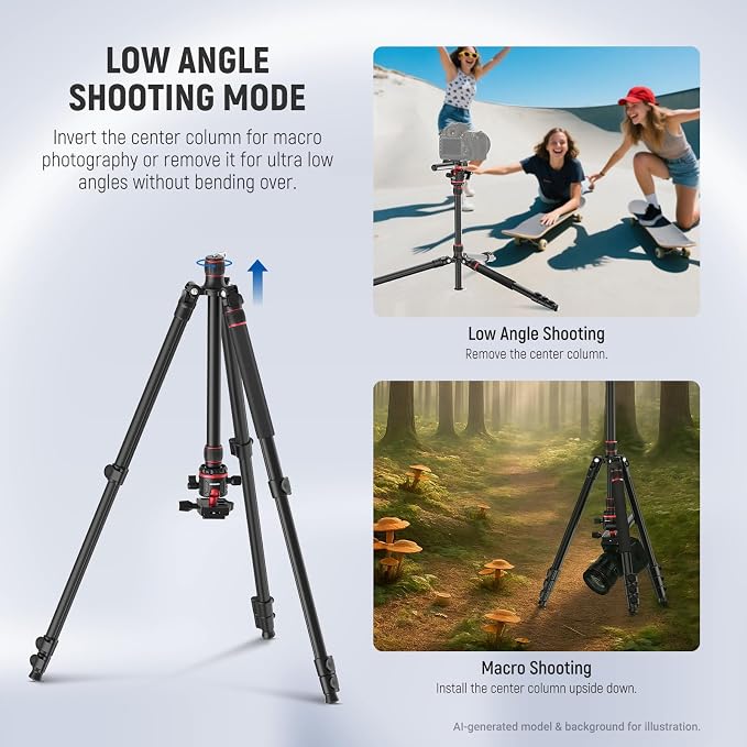 NEEWER BASICS Camera Tripod Monopod, 77" Compact Lightweight Travel DSLR Video Stand 360° Ball Head, Arca Type QR Plate, Reversible Legs, Inverted Central Axis & 2 Cleaning Cloths, 13lb Max Load, TP08 - Image 5