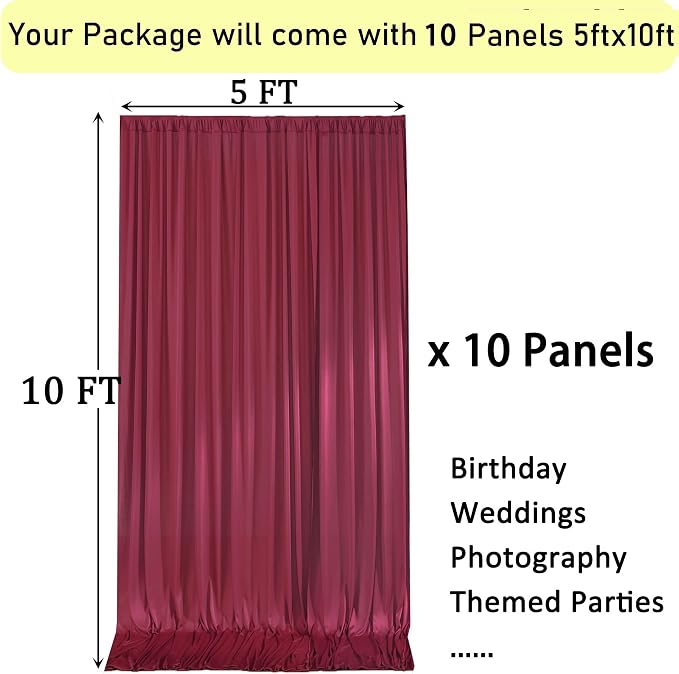 50ftx10ft Wrinkle Free Burgundy Backdrop Curtains for Parties, Silky Polyester Maroon Photo Backdrop Drapes 10 Panels 5x10ft for Wedding Birthday Baby Shower Photography Background - Image 6