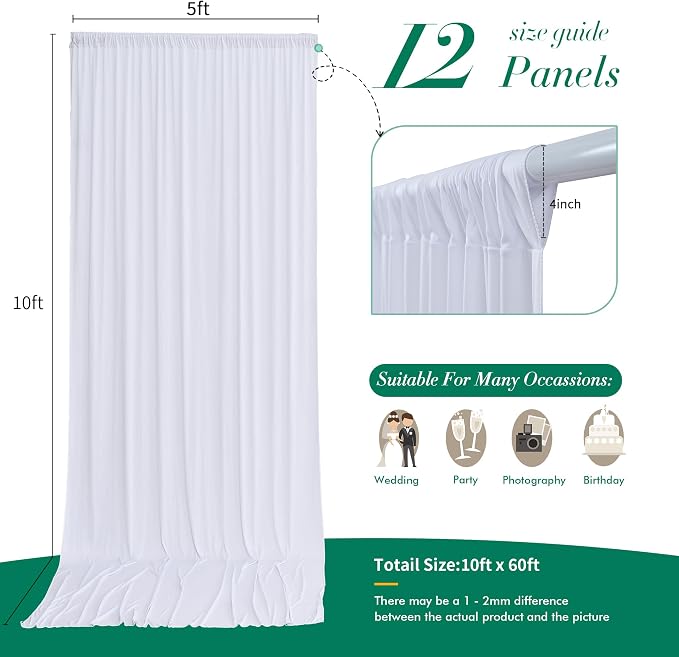 60 ft x 10 ft Wrinkle Free White Backdrop Curtain for Parties, 12 Panels 10ft Polyester White Photo Backdrop Drapes for Graduation Birthday Wedding Party Stage Curtains - Image 5