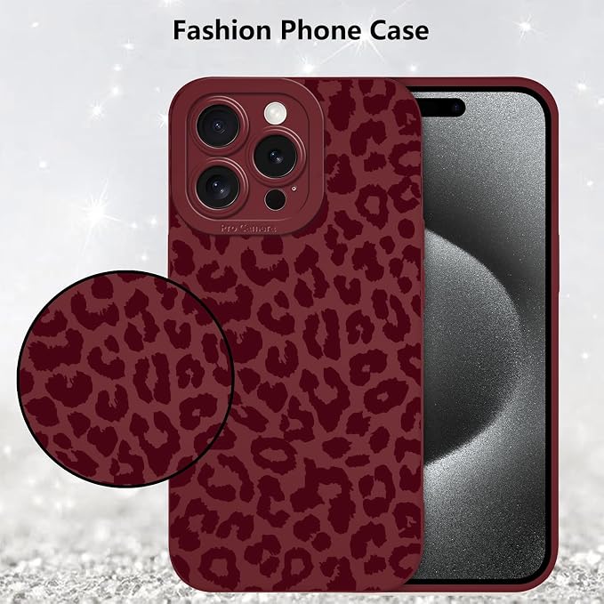 Cute Burgundy Cheetah Print Phone Case for iPhone 15 Pro Max 6.7" | Aesthetic Leopard Pattern Design Cover Full Camera Lens Protective Shockproof Soft Slim TPU Funda for Women Girls - Image 6