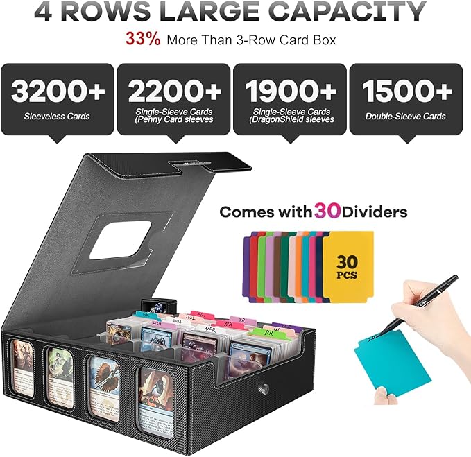 4-Row Trading Card Storage Box, Holds 3200+ Cards [US Patent], Black & Grey | Large Capacity, Portable Handle & Display Windows, Compatible with MTG, Commander, Sports Cards and Other Standard TCG Cards - Image 2