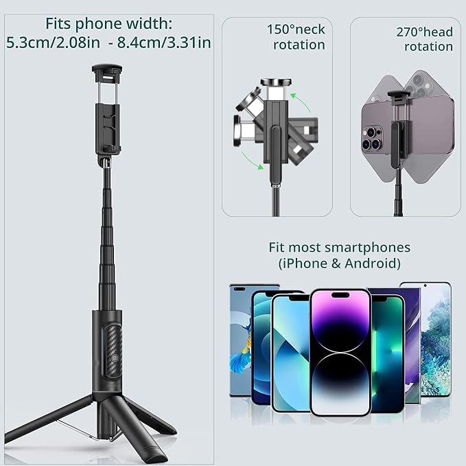 Selfie Stick Tripod with Remote Aluminum Alloy Phone Tripod Bluetooth Remote and 270°Rotation Stand Compatible with iPhone and Android Phone - Image 2