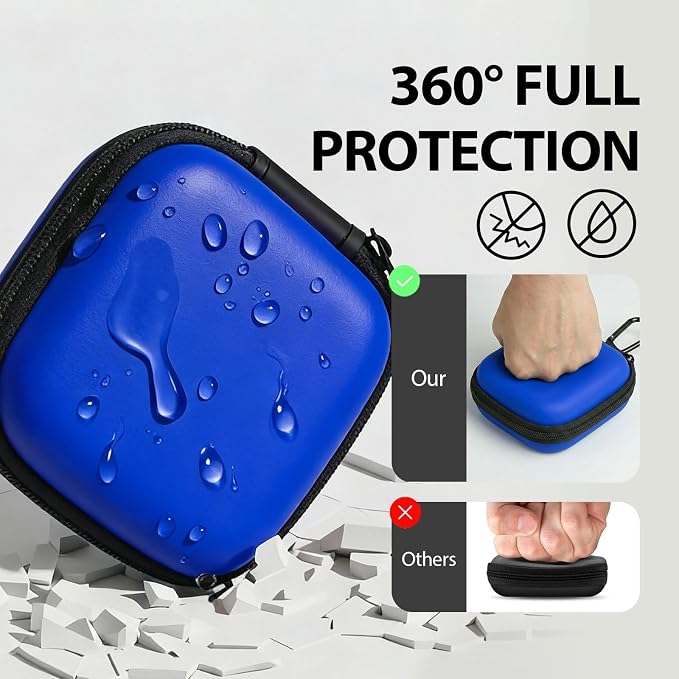 Square Earbud Case with Carabiner, Portable Small Carrying Pouch for Wired/Wireless Earphones, EVA Travel Organizer Box for Charging Cables, USB Flash Drives, SD Cards, Blue - Image 3