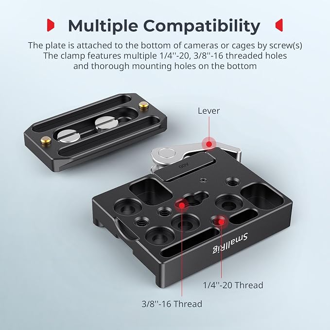 SMALLRIG Universal Quick Release Mount Plate Kit for Arca, Clamp & Plate | Built in Clamp and Plate, with 1/4''-20 & 3/8''-16 Threaded Holes - Image 3