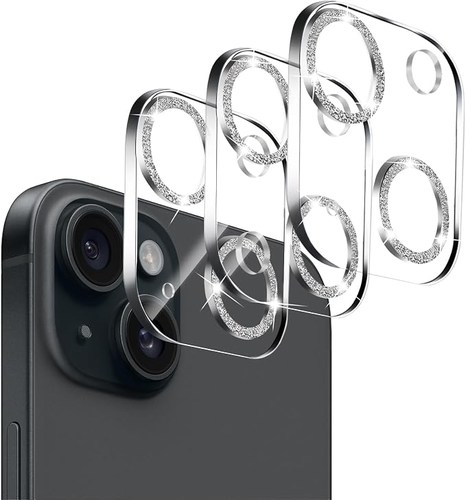 Dengduoduo 3 Pack Tempered Glass Camera Lens Protector for iPhone 15 6.1" & for iPhone 15 Plus 6.7", Bling Glitter, Ultra HD, 9H Hardness, Anti-Scratch, Case Friendly, Easy to Install by Dengduoduo