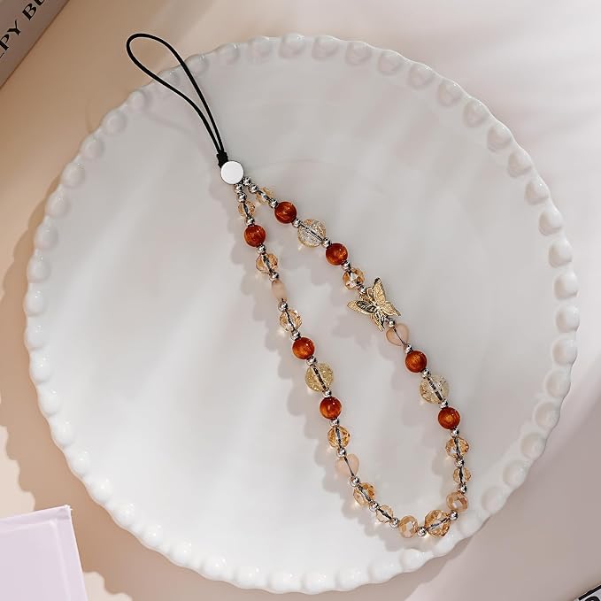 Cell Phone Charm Beaded Phone Wrist Strap Warm Tone Crystal Aesthetic Handmade Anti-Lost Chain Bracelet for iPhone Samsung All Smartphones Boho Fall Wristlet Women Girls Vintage Amber Gold Butterfly - Image 9