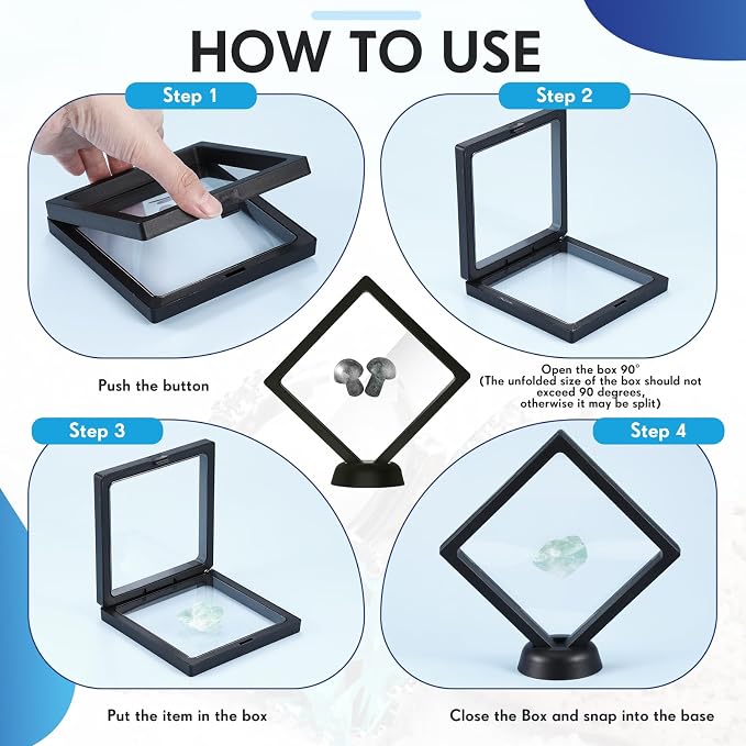 FairySandy 60 Pcs Floating Display Case Box, 4.33 Inch, Black | 3D Floating Frames with PE Film for Challenge Coin, medal, Jewelry Storage Box, Small Display Holder, Stand Base Included - Image 3