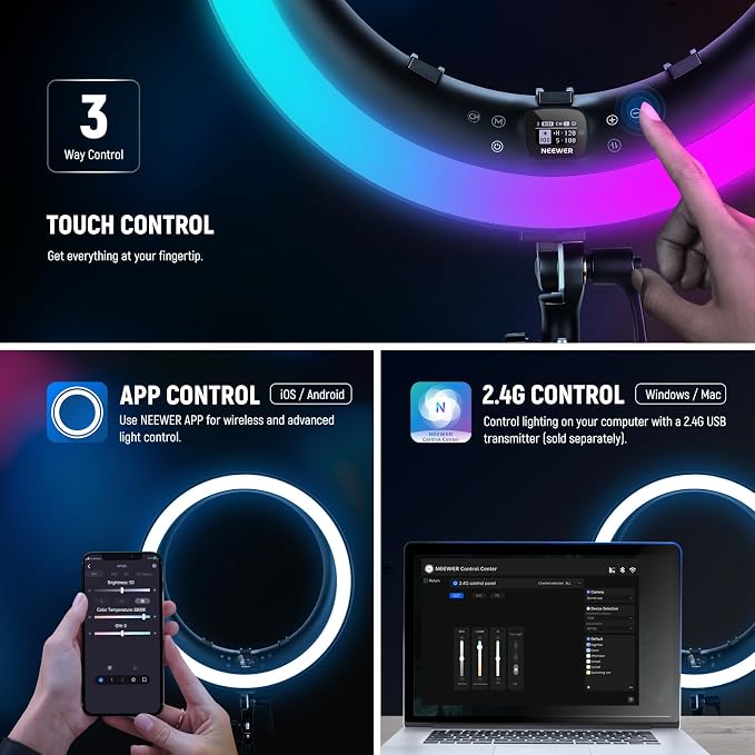 NEEWER 19" RGB LED Ring Light with Stand, 3 Phone Holders, Touch Panel, 2.4G/App Control, 42W CRI97+ 2800lux/0.5m 360° Hue Dimmable Professional Lighting for Makeup Live Streaming Zoom Calls, RP19C - Image 6