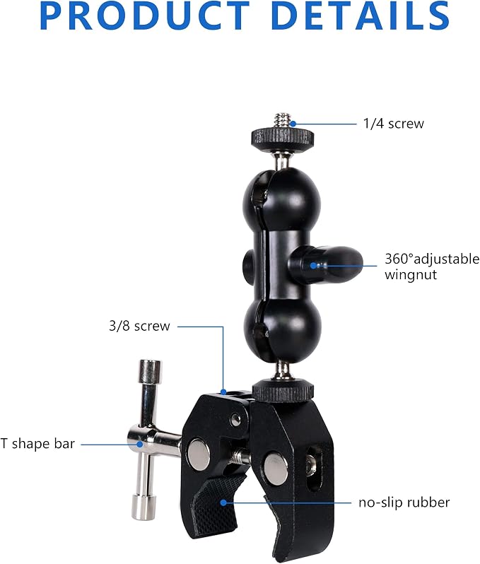 Cool Dual Ball head Magic Arm Adapter Camera Clamp Mount Super Clamp with 1/4 and 3/8 Thread, for DSLR Camera Rig, LED Light, Flash Light, Action Cam, 2Pack - Image 2