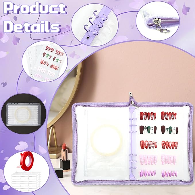 Press on nail storage Nail Storage Book - Portable Versatile Organizer for Press - On Nails, Jewelry and More with 90 Pcs Adhesive Double Sided Tape Purple - Image 3