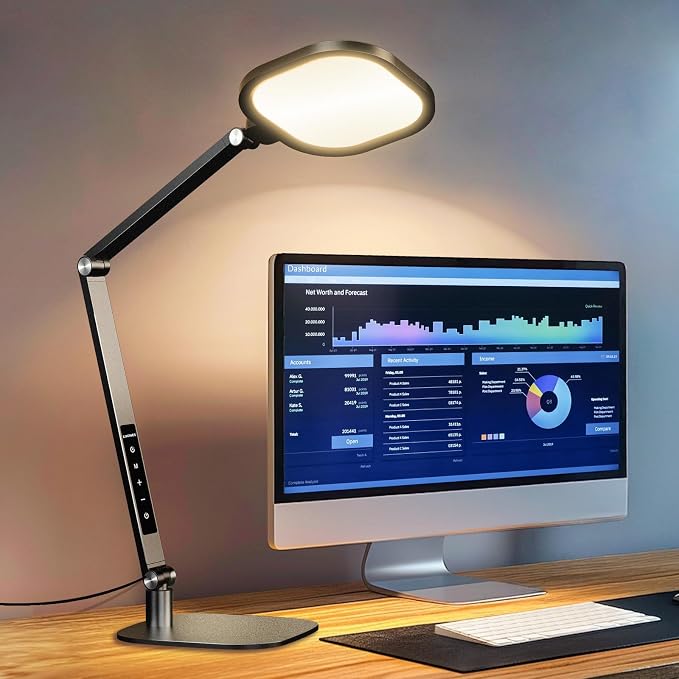 Desk Lamp for Home Office, Tall Computer Ring Light with CRI 97.8 | Eye-Caring Diffused Desktop Light with Memory & Timer Func, 1200LM Zoom Lighting for Video Calls, Conference, Reading,Study by LitONES