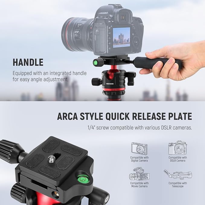NEEWER Basics Camera Tripod Monopod, 77" Compact Lightweight Travel DSLR Video Stand, 360° Ball Head, Arca Type QR Plate, Reversible Legs & Inverted Central Axis, 13lb Max Load, TP08 - Image 7
