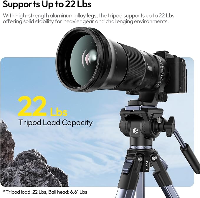 ULANZI Ombra Xiang Ⅱ Camera Video Tripod w Fluid Head, 61.5" Travel Tripod w 360° Rotated Arca Quick Release Plate, Portable Stand for Phone Camera Vlogging Video Shooting with Carry Bag Phone Clamp - Image 3