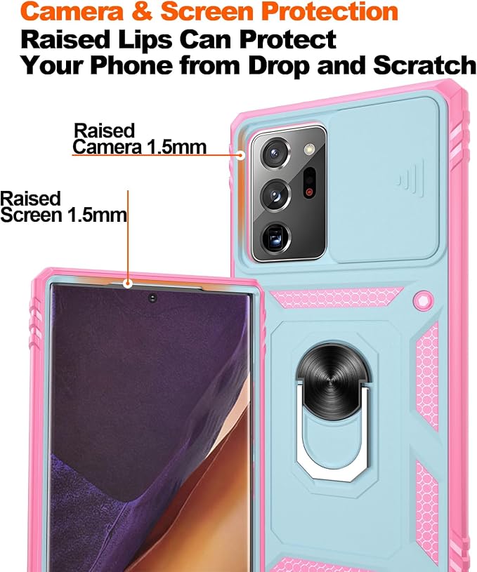 for Samsung Galaxy Note 20 Ultra Case with 2PCS Screen Protector, Build in 360° Rotating Ring Kickstand, Military Grade Protective Case for Samsung Note 20 Ultra Phone Green+Pink - Image 5
