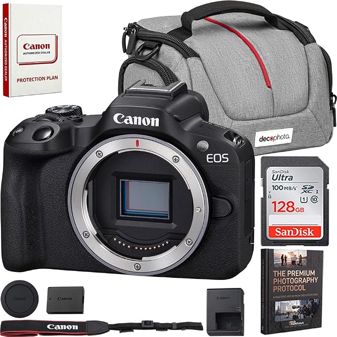 Canon EOS R50 Mirrorless Camera Body (Black) 5811C002 Bundle with Sandisk 128GB Memory Card, Deco Essentials Camera Bag and Photography Guidebook by Unknown