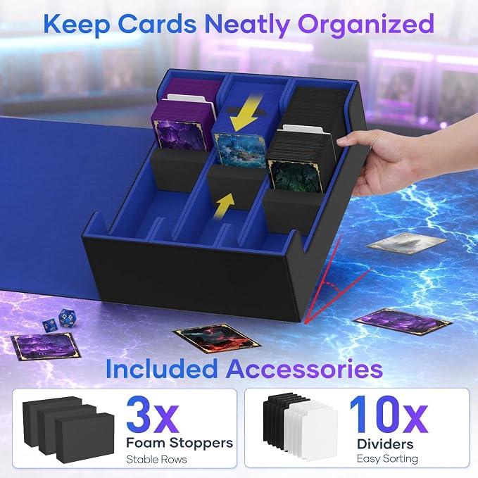 Mlikero Trading Card Storage Box, Bulk Card Storage for 1800+ Sleeved Cards, PU Leather Magnetic Closure Card Organizer with 10 Dividers & 3 Foam Stoppers, Fit for MTG, TCG and Sports Cards (Blue) - Image 4